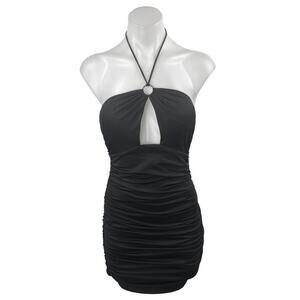 Princess Polly Black Sleeveless Halter Tie Ruched Cutout Mini Bodycon Dress Sz 4